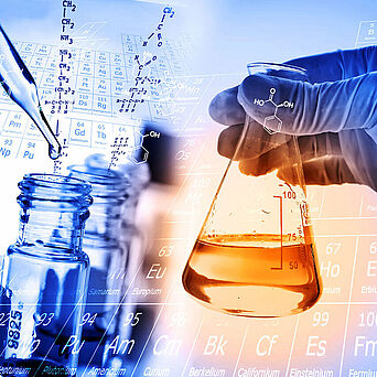 Biodegradation of chemicals Kolben mit Chemikalien und Pipetten zum Abfüllen in Glasbehälter